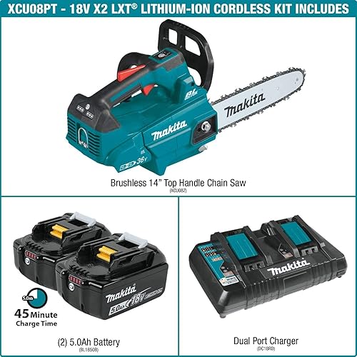 Miniatura 4 de Makita XCU08PT 36V (18V X2) LXT - Kit de motosierra con mango superior de 14 pulgadas (5.0 Ah) con batería BL1850B-2 18V LXT de iones de litio de