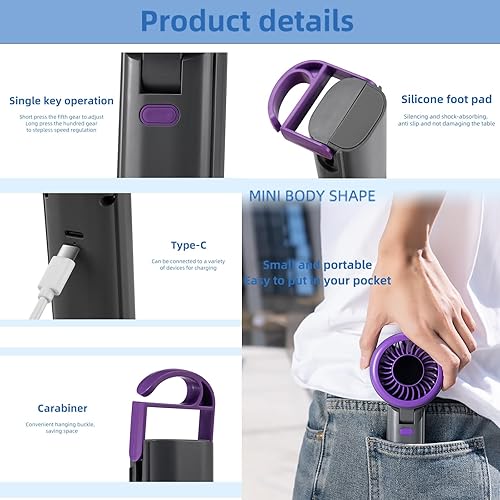 Miniatura 7 de Ventilador portátil 3 en 1 recargable por USB, mini ventilador de mano multifuncional, pequeños ventiladores con 100 ajustes de velocidad con