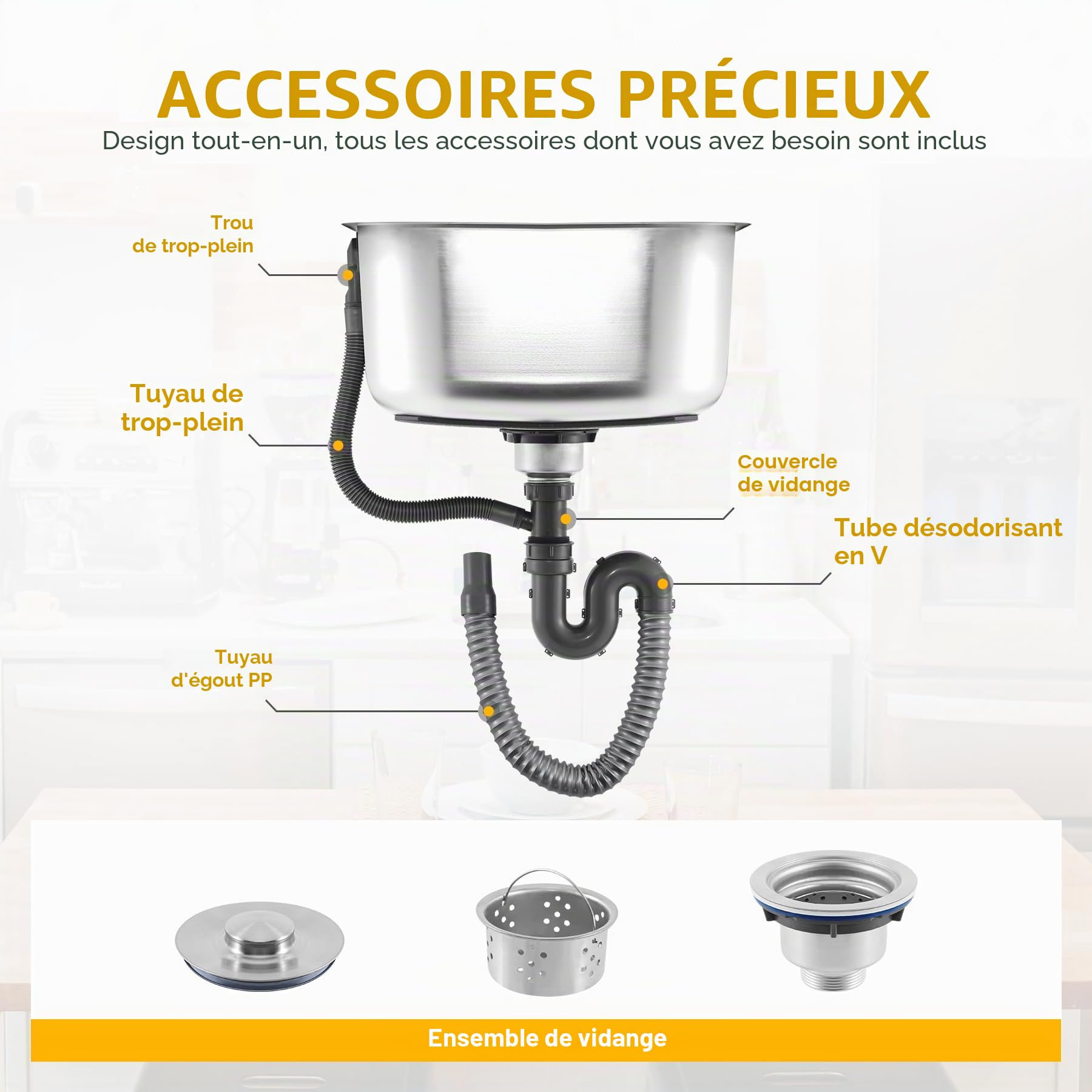 Évier de cuisine simple, en acier inoxydable, 42,5 x 36,2 x 20 cm, montage encastrée, avec fleur ou support, pour cuisine, évier rond et carré, évier encastré
