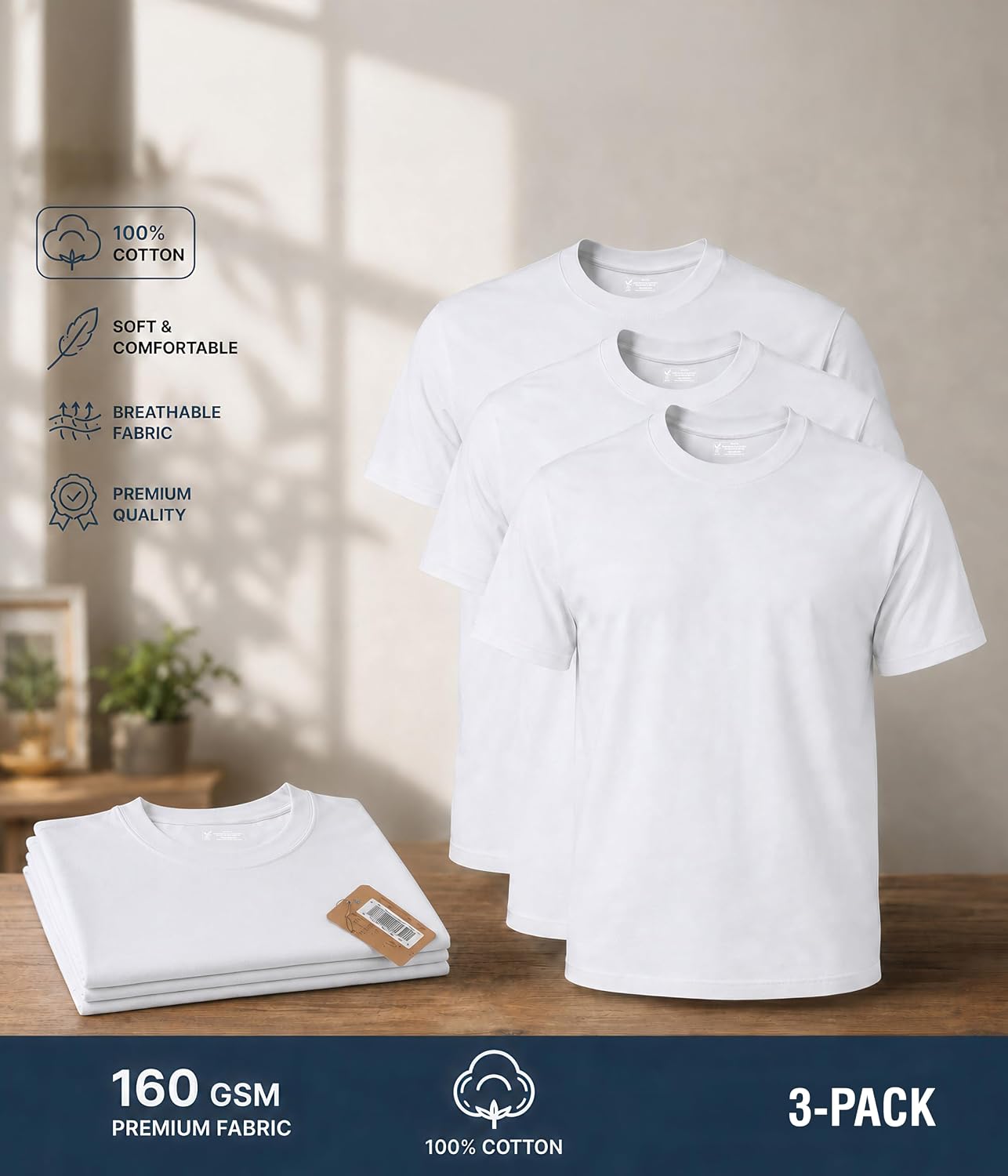 Maks Men's 100% Cotton Crew Neck T-Shirts/Undershirts 3 Pack White/Black