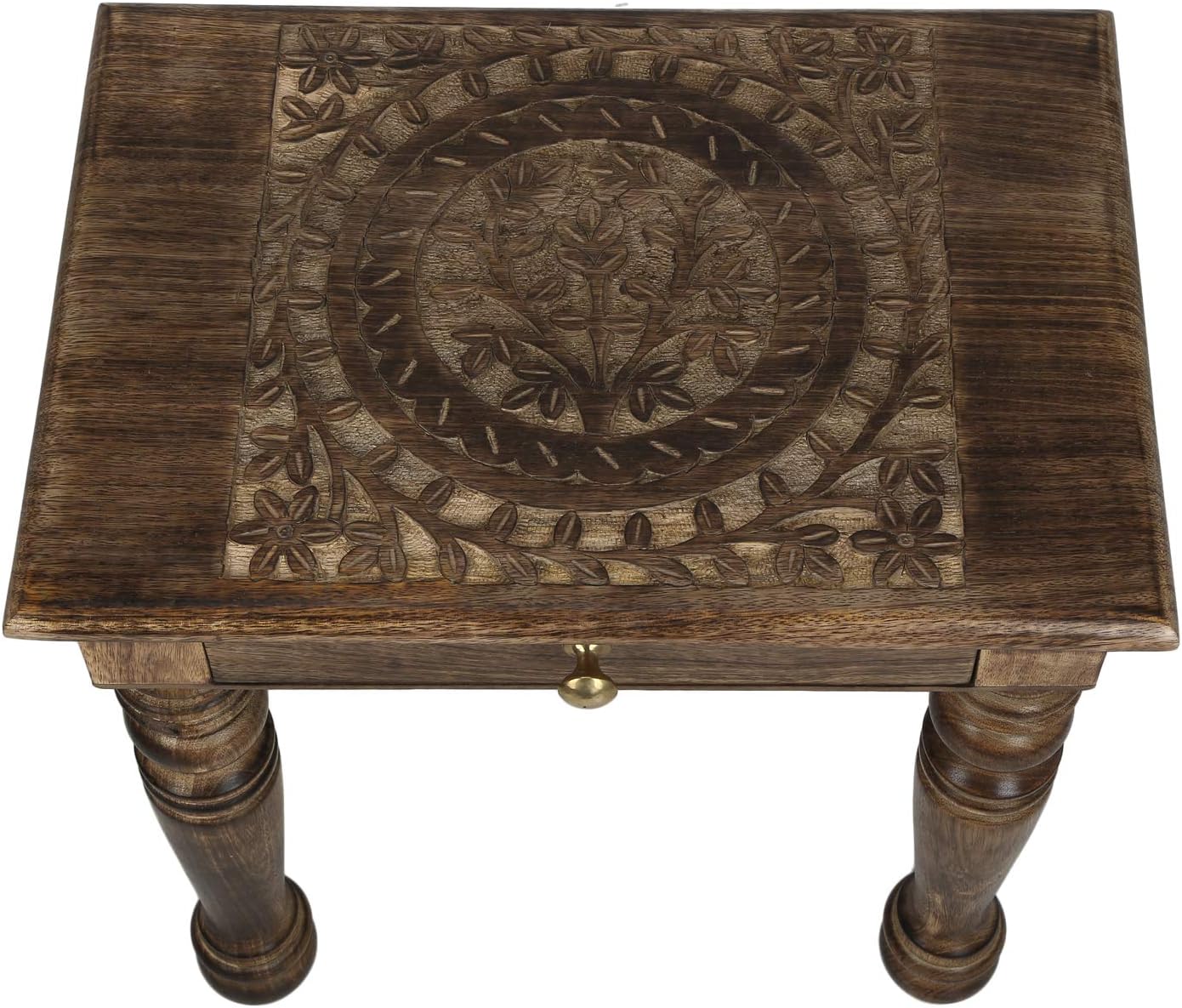 SAVON Wooden Side end Table Square Tree of Life Carved Drawer