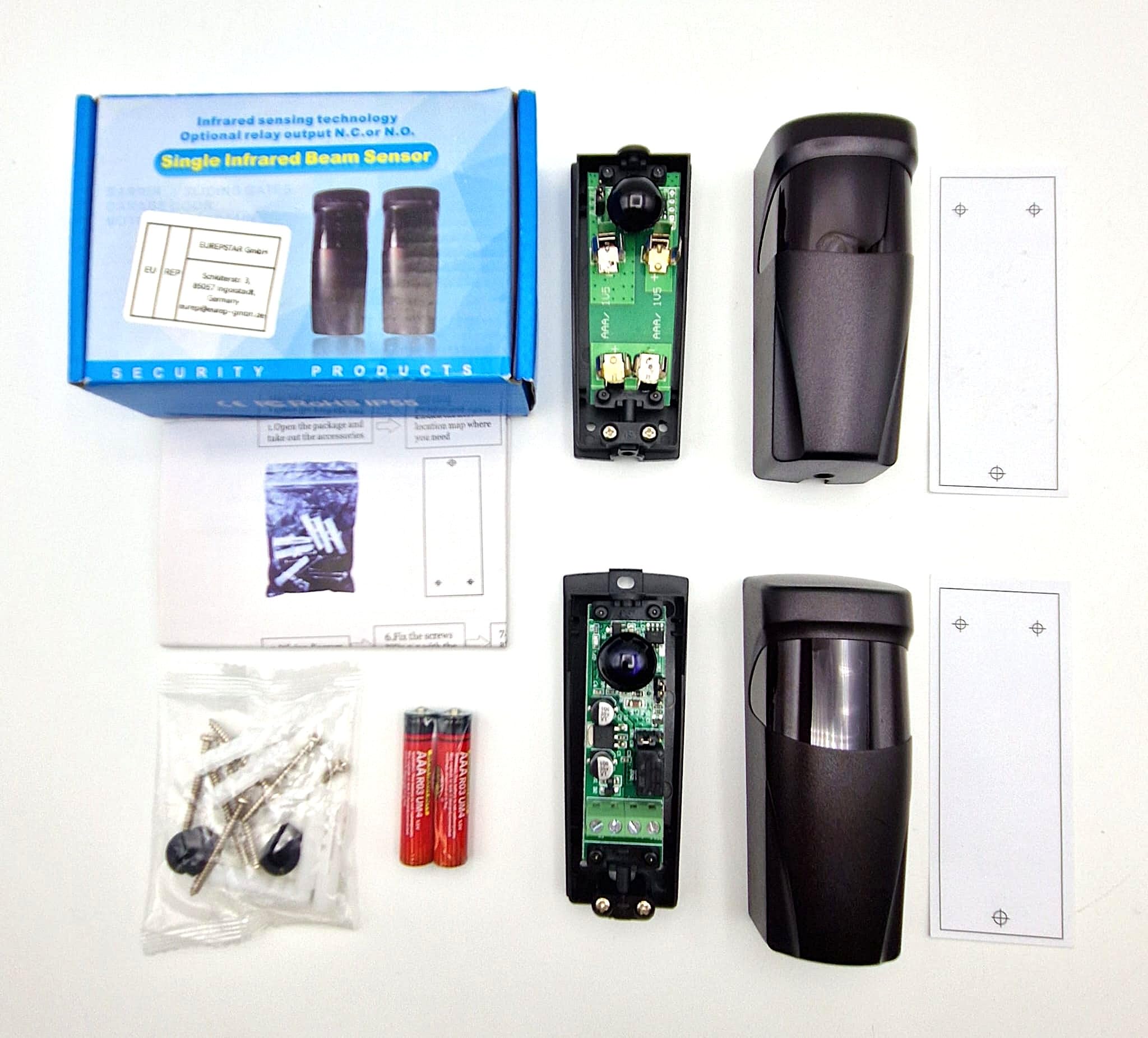 Par de fotocélulas con sensores universales inalámbricos a batería de exterior orientable a 180° para automatización de portones, barreras, alarmas AC/DC 12-24 V