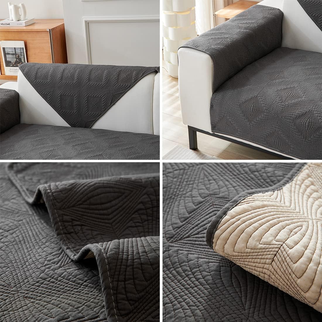 vctops Farmhouse Solid Cotton Sofa Cover for 2 or 3 Cushion Couch Covers Anti-Slip Geometric Quilted Sofa Slipcover for Dogs Cats Pet Love Seat Recliner Armrest Backrest Cover(Dark Grey,43"x82")