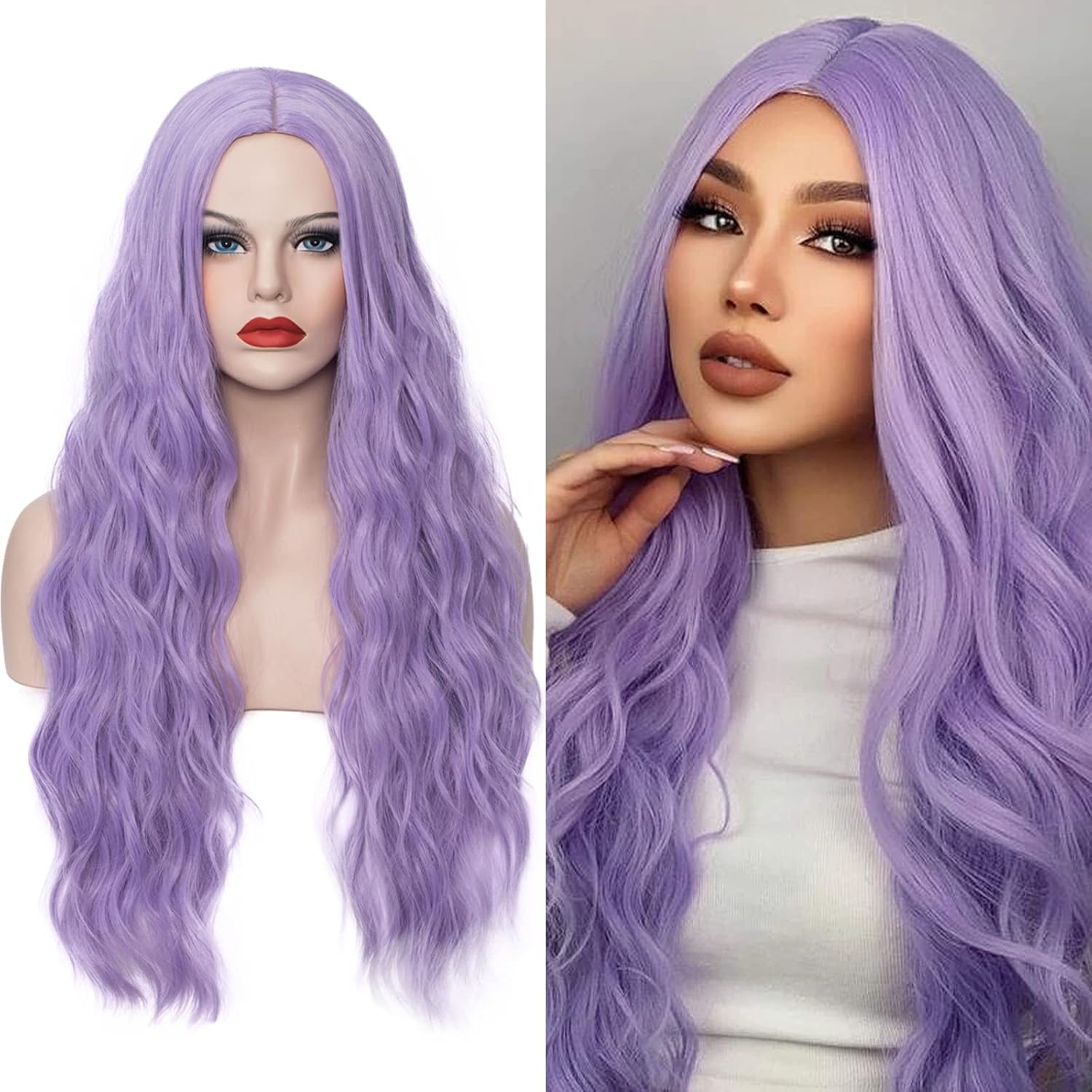 Women's Pastel Purple Wig 27 Inches Long Curly Wavy Hair Wig Heat Resistant Fibers Synthetic Wig For Women Girl Cosplay Party Halloween Wig Cap Included (Pastel Purple)
