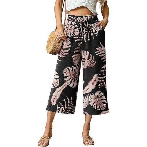 Womens Summer 3/4 Pants Flowy High Waisted Loose Casual Lounge Pant Wide Leg Palazzo Capris Adjustable with Pockets