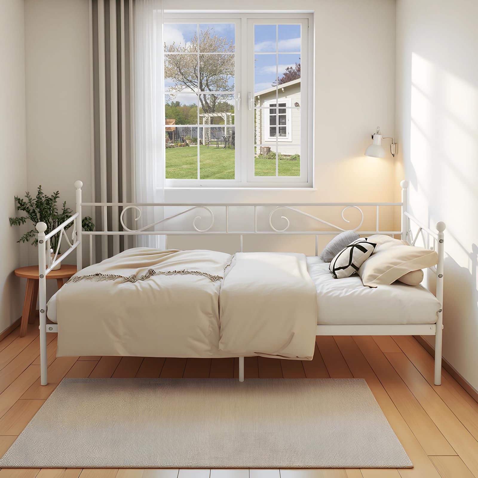 Tagesbett Bettgestell 90x200 cm Bett, Metal Wasserdicht Familienbett Gästebett Metallbett Jugendbett Einzelbett Sofabett für Schlafzimmer Wohnzimmer passend, Weiß