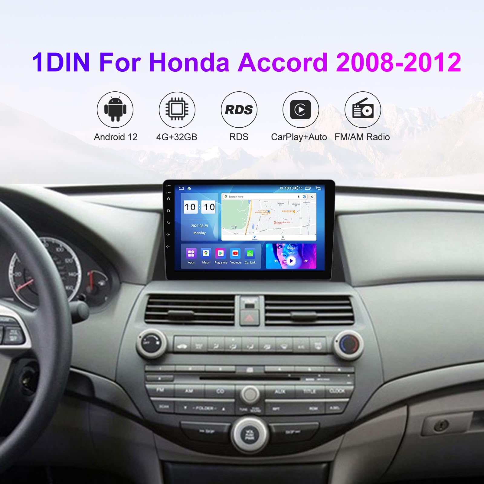 Android 12 Car Radio Stereo for Honda Accord 8th 2008-2012,10.1 inch 8 Core GPS Navigation Wireless Wired Car-Play Android Auto IPS Touchscreen BT FM AM RDS DSP Head Unit, 4GB RAM 32GB ROM