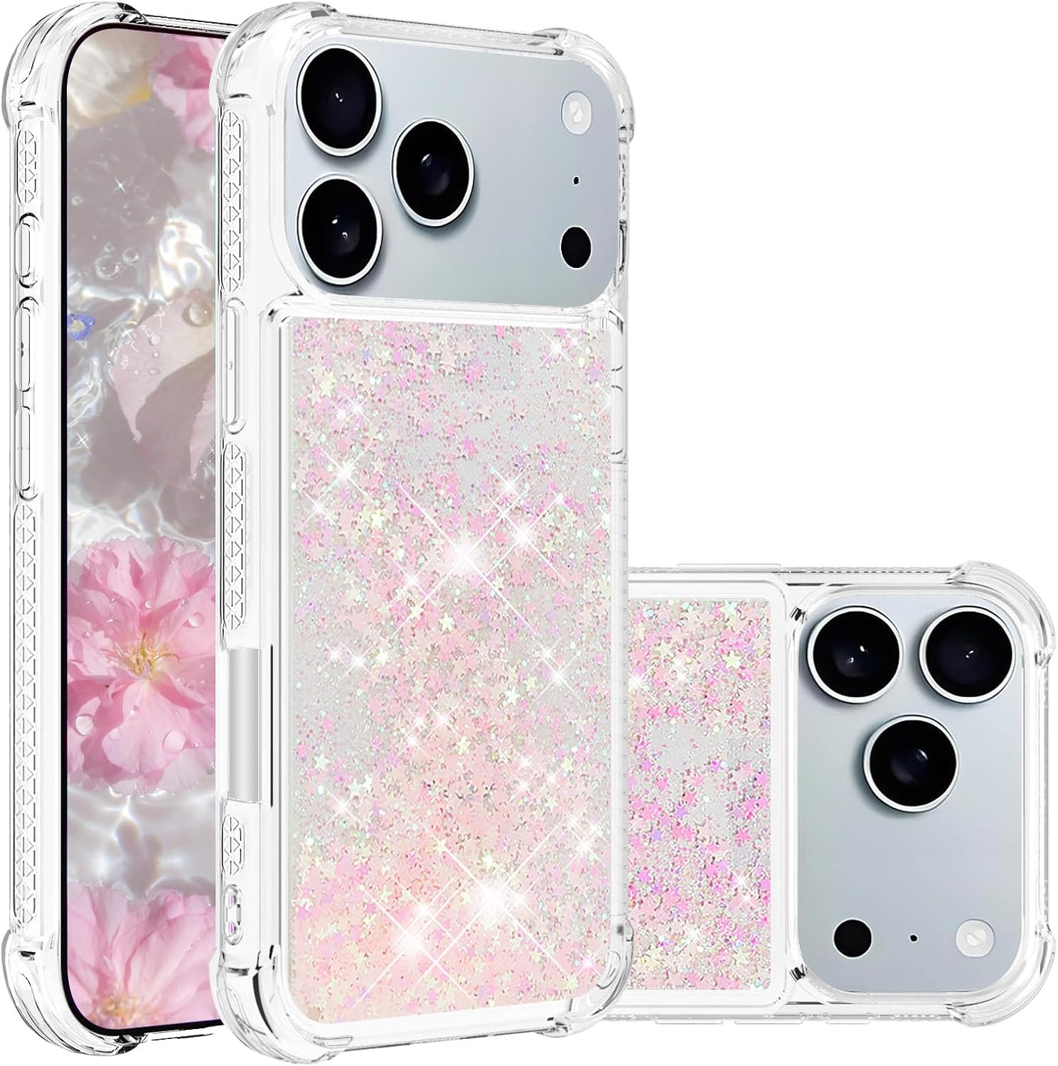 Glitter Case for iPhone 17 Pro Max Clear Flowing Liquid Quicksand Sparkly Bling Soft TPU Bumper Shockproof Protective Phone Cover for Apple iPhone 17 Pro Max 6.9 inch. YBL Star Pink