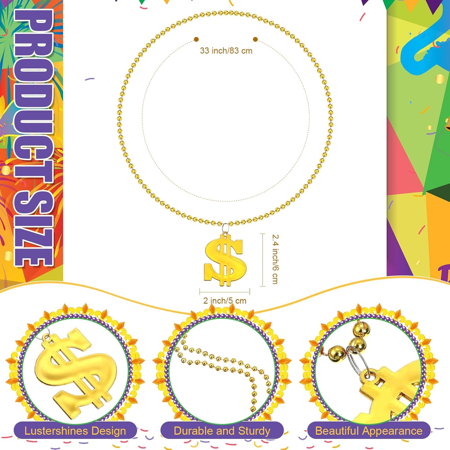Dollar Sign Necklaces Fake Dollar Chain Jewelry Mardi Gras Beads Bling on Necklace Gangsta Hip Hop Casino Theme Carnival 250th Anniversary 1776-2026 Buchona Party Parade