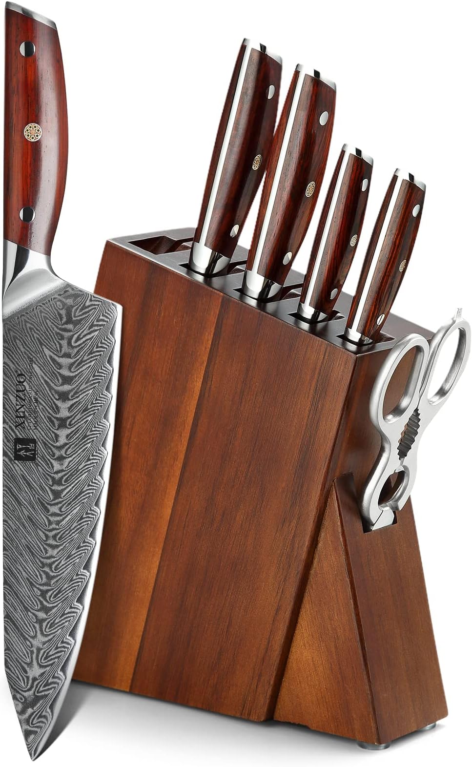 7PC Kitchen Knife Set with Block Wooden, Professional Damascus Steel Chef Knife Santoku Bread Utility Fruit Knife with Multifunctional Kitchen Shears,Ergonomic Rosewood Handle- Yi Series