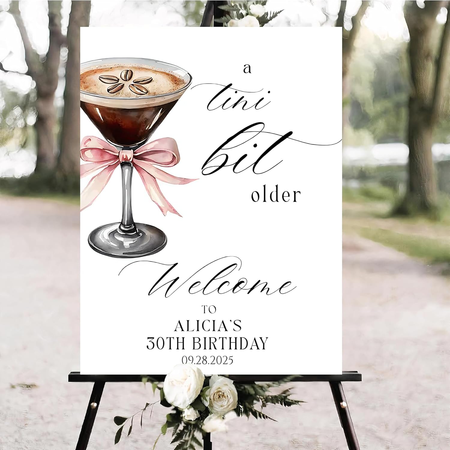 Personalized A Tini Bit Older Martini Birthday Sign, Party Welcome Poster, Pink Bow and Olive Cocktail Decor for Adult Women’s Birthday, Funny and Classy Cocktail Party Decoration- 01