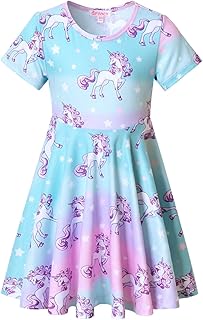Girls Unicorn Dresses Summer Swing Short Sleeve Casual Clothes for Little Kids - Buy now