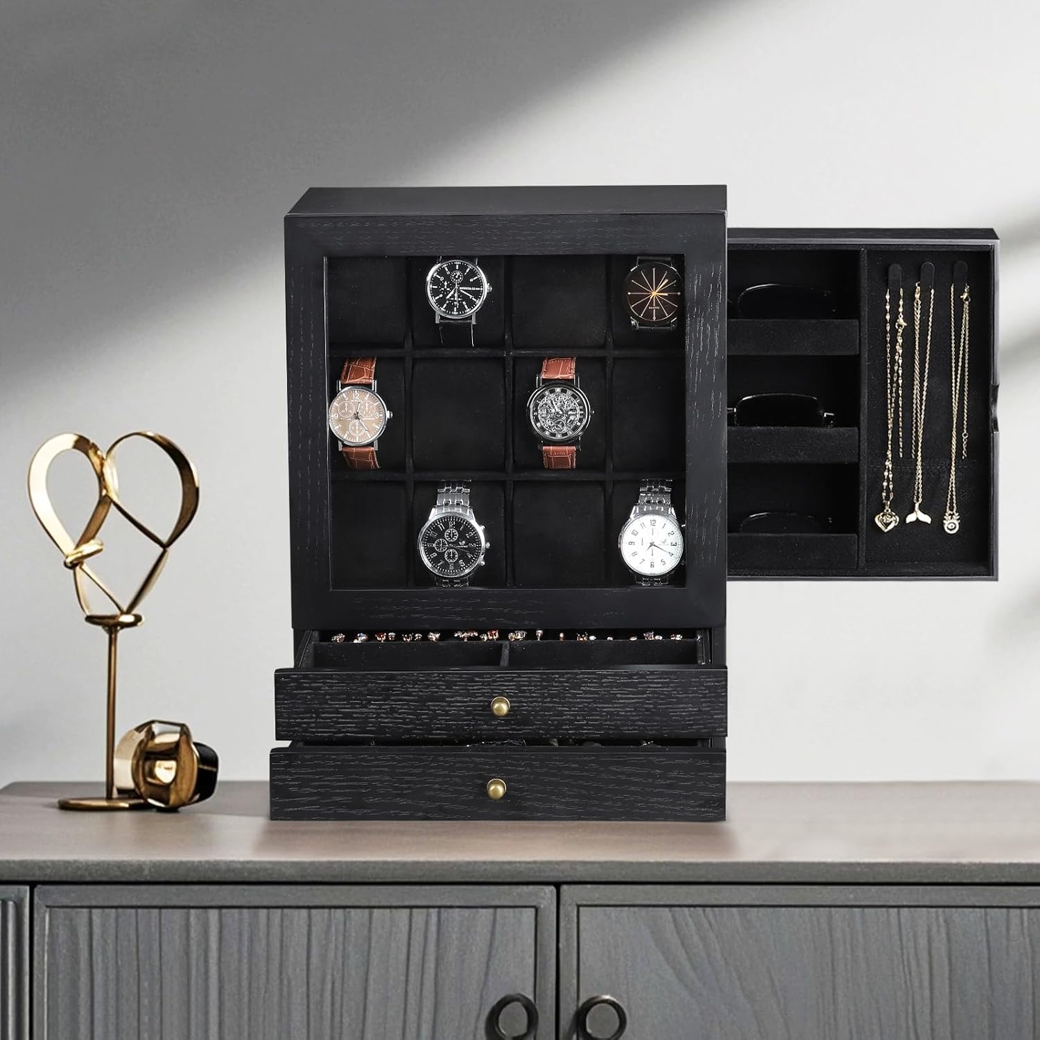 AUTOARK Wooden Watch Eyeglass Jewelry Box with Glass Front,12-Slot Vertical Display Case with 2 Drawers,Velvet Lining,Dresser Organizer for Men Women,Space-Saving Sunglass Storage,Black,MKAW081