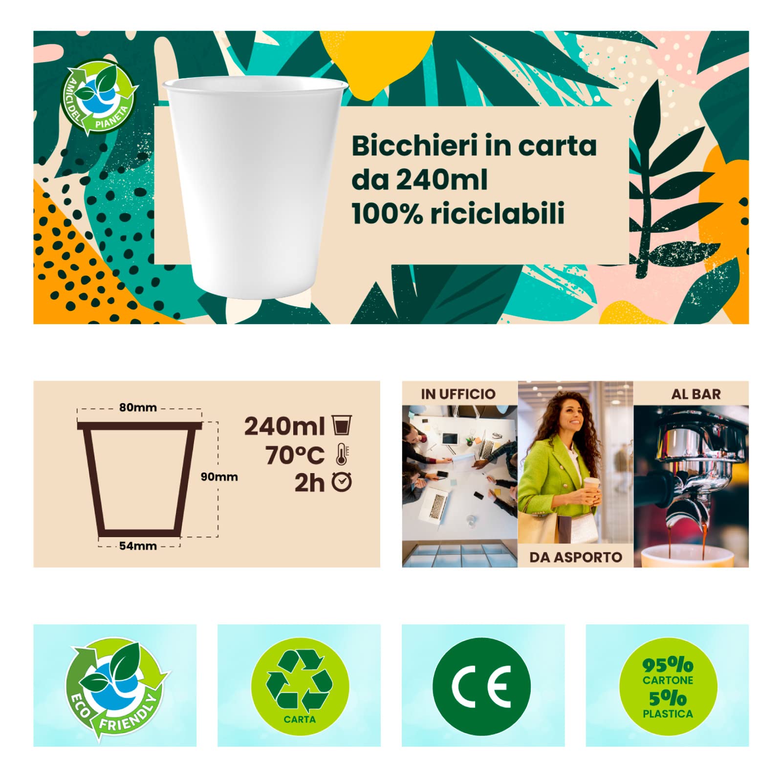 200 vasos de café para llevar, de papel blanco de 240 ml + 200 tapas de papel con boquilla para bebidas calientes y frías, té infusionado, agua, capuchino, ecológicos, biodegradables, tazas