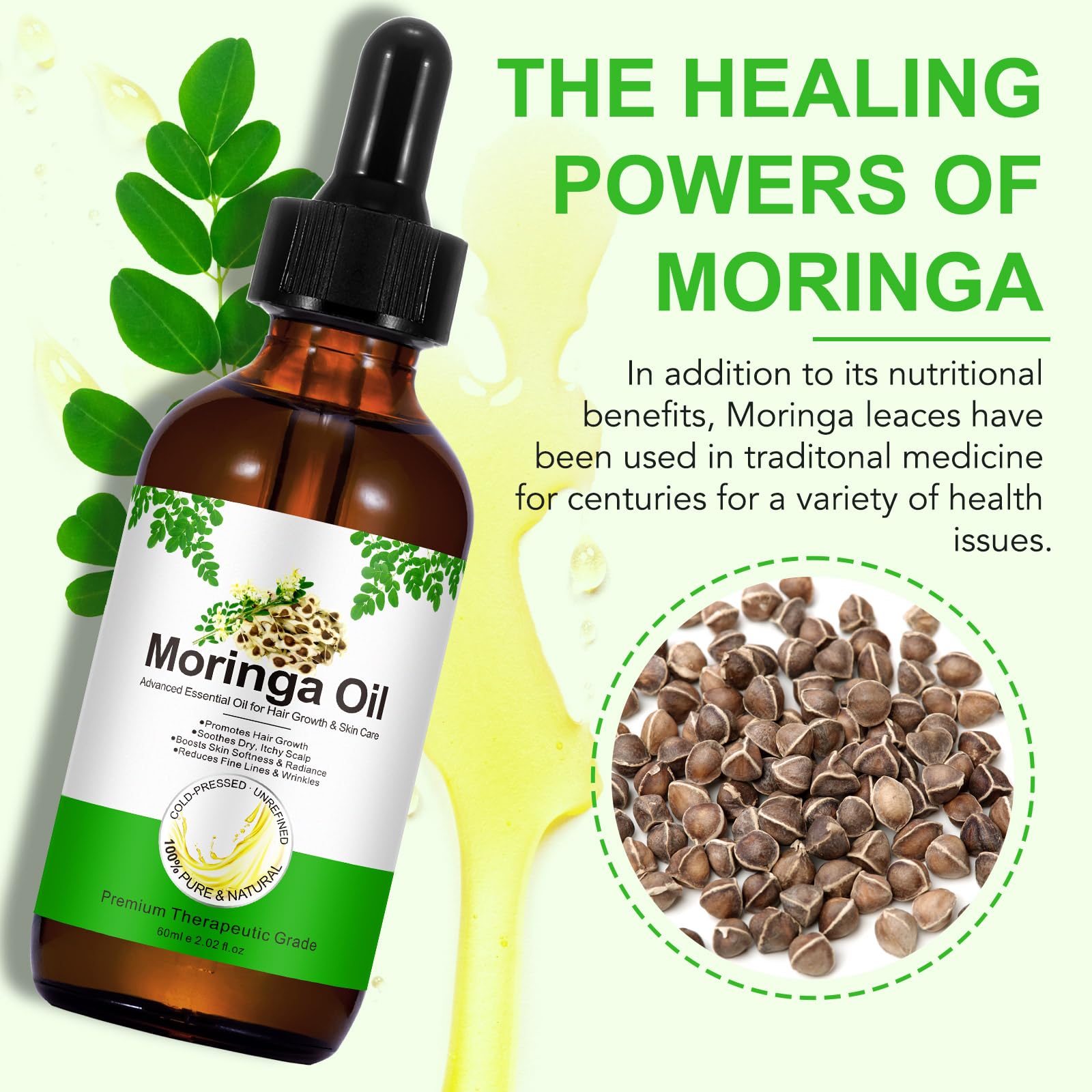 Olejek Moringa 60ml, olejek z Moringa tłoczony na zimno dla twarzy, włosów, nawilżający, do masażu, naturalny, redukuje drobne linie i przeciwstarzeniowy