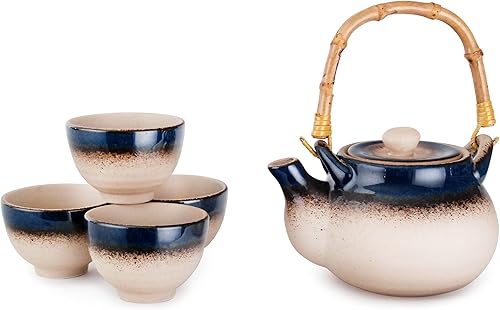 Vista 7 de Hinomaru Collection Kagetsu - Juego de té de porcelana esmaltada reactiva estilo japonés, 24 onzas líquidas, tetera con mango de ratán y cuatro