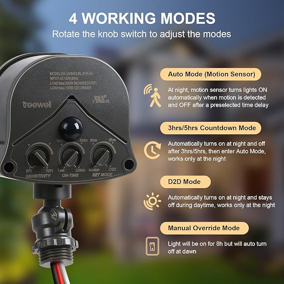 240 & 360 Replacement Motion Sensor, Adjustable Time & Detection Sensitivity Up to 70 Feet Range, 4 Working Modes Outdoor Motion Detector for Security Floodlight, Brown, UL Listed