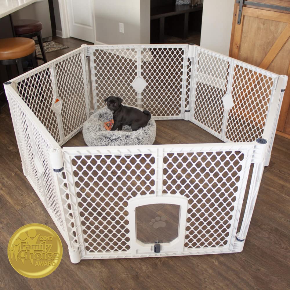 North States MyPet 18.5 Sq. Ft. Petyard Passage: Made in USA, 6-panel pet enclosure with lockable pet door. Freestanding. (26" Tall, Light Gray)