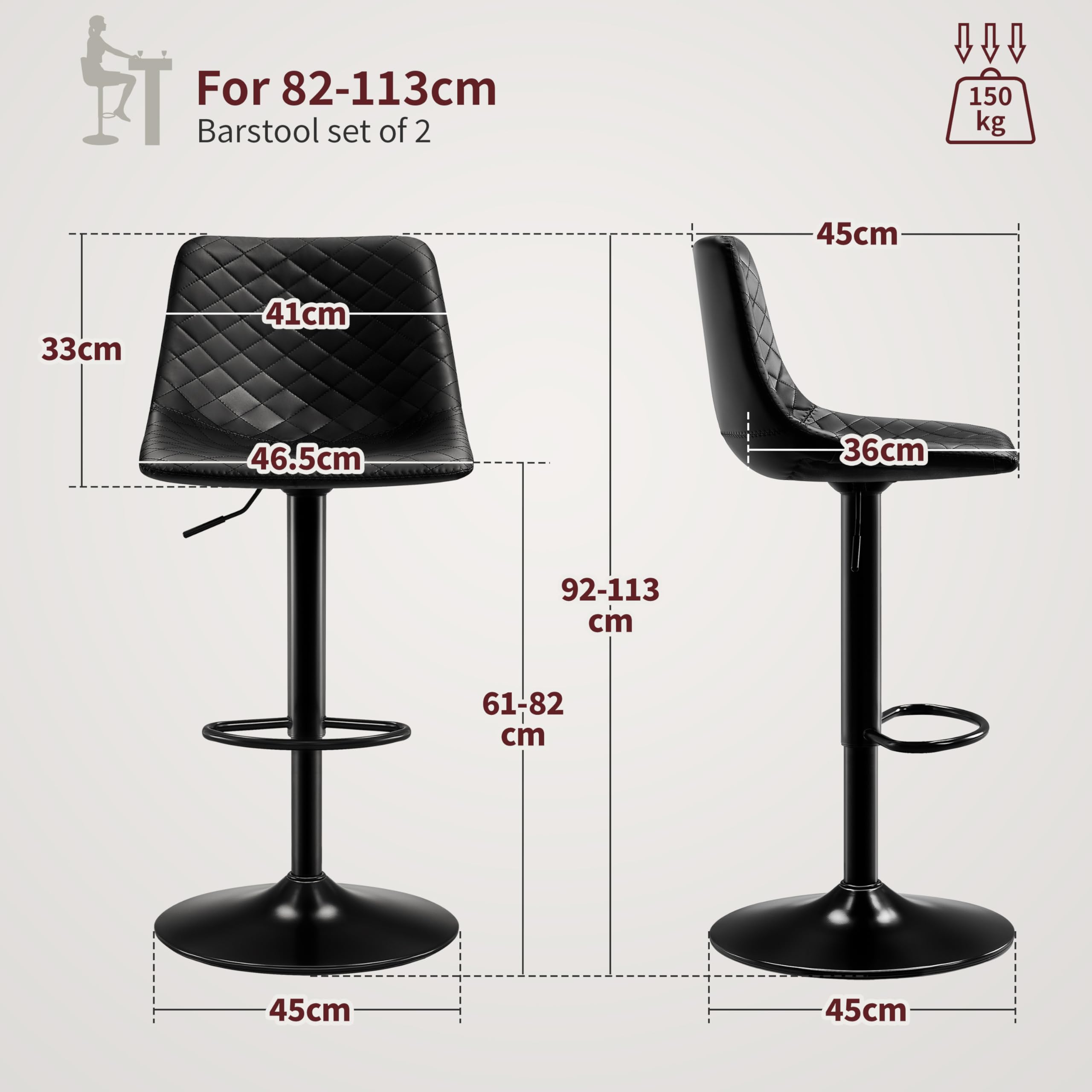 STOOLINK Barhocker 2er Set Höhenverstellbar Barstuhl mit Mikrofaser-Leder, Tresenhocker für Lobby 360° Drehbar Bistrohocker mit Lehne für Wohnzimmer, Esszimmer, Küche-Schwarz
