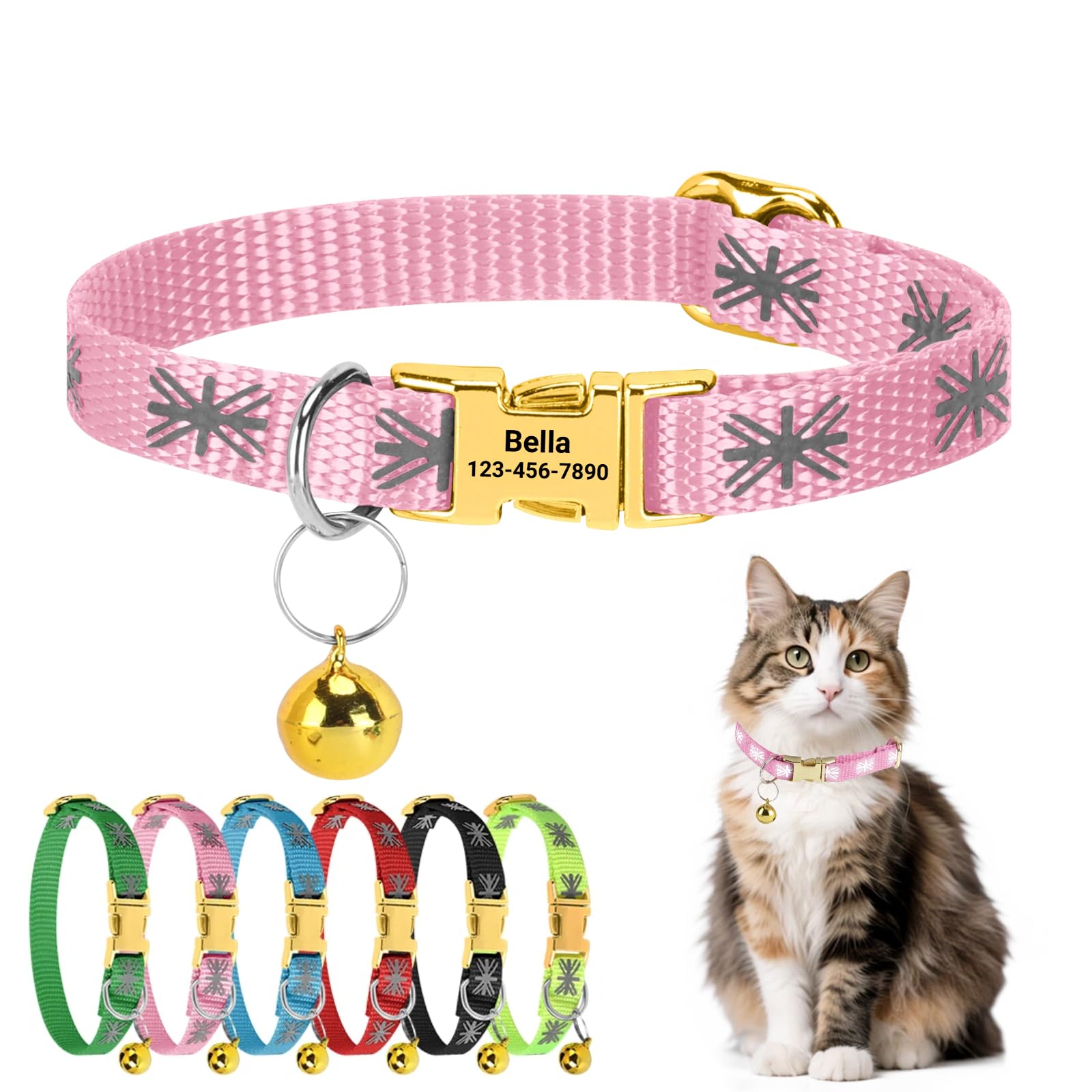 Personalised Cat Collar with Custom Engraved Name Tag Quick Release Metal Buckle Reflective Kitten Collar with Bell Adjustable 19-29cm for Boys and Girls (Pink)