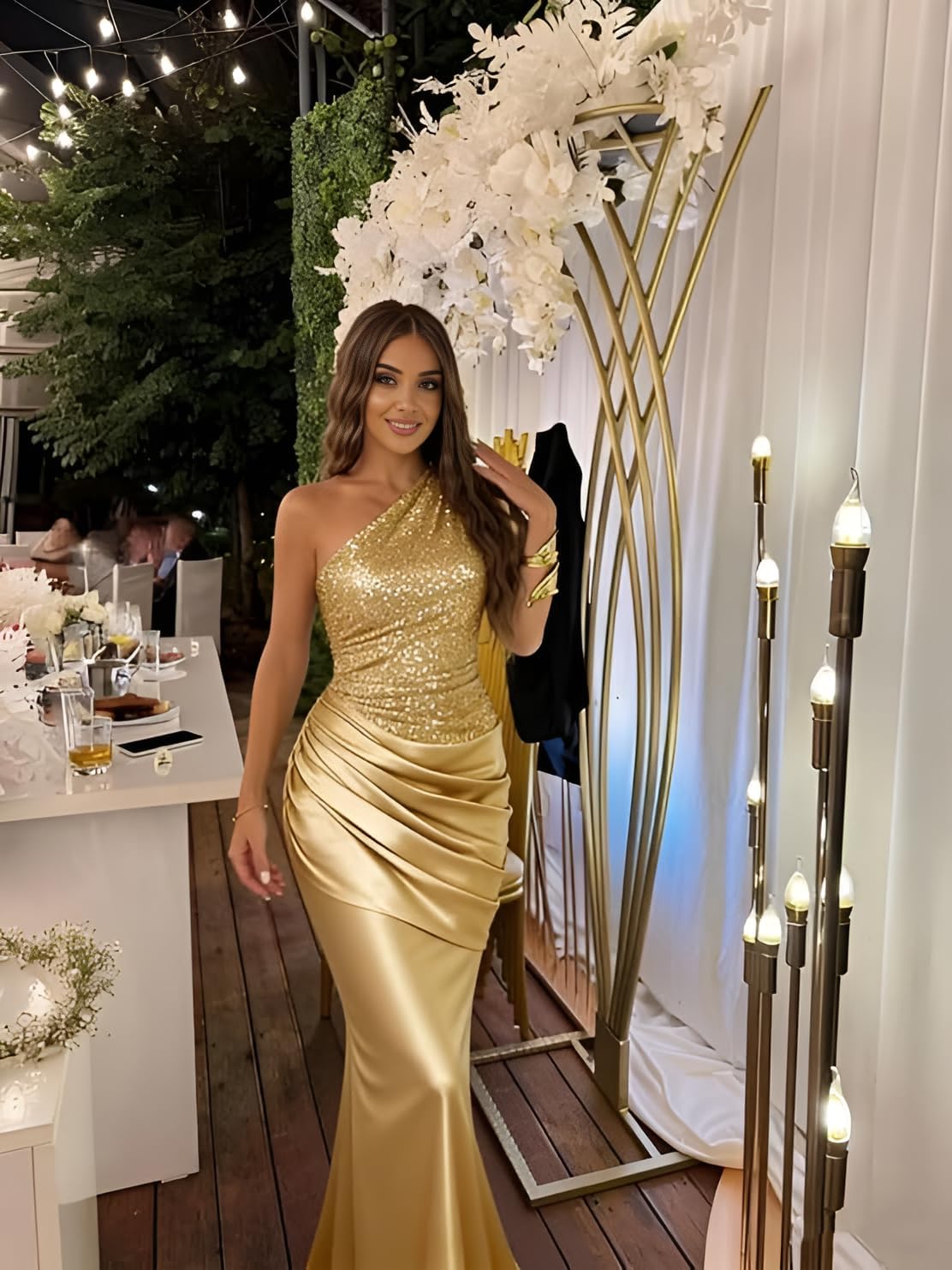 One Shoulder Sequin Prom Dress Women's Ruffled Long Mermaid Satin Evening Dresses