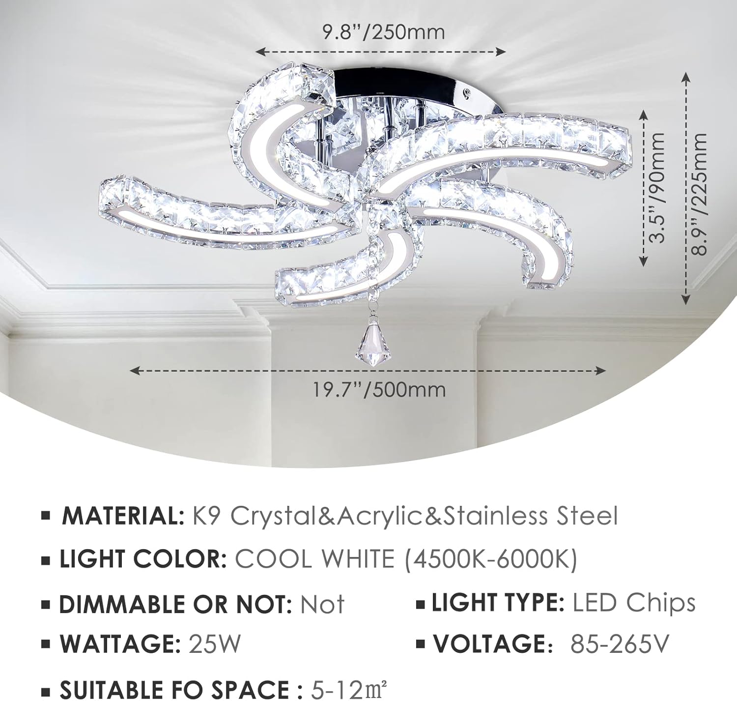 Modern Crystal Chandeliers Acrylic Crystal Led Ceiling Light Fixtures Arm Pendant Lighting Stainless Steel Ceiling Lamp Hanging Lights for Living Room Dining Room Bedroom (Cold White)