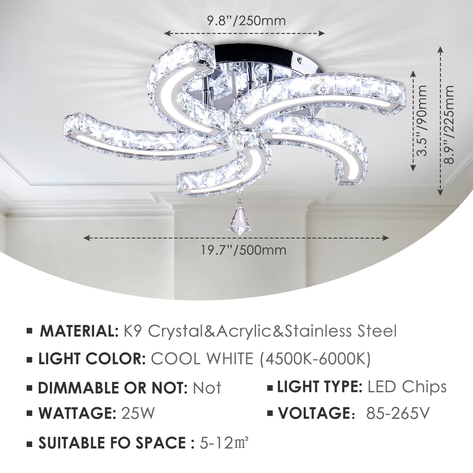 Lustres modernes en cristal Plafonniers à Led en cristal acrylique Bras de suspension Lampe de plafond suspendue pour le salon, la salle à manger et la chambre à coucher (blanc froid)