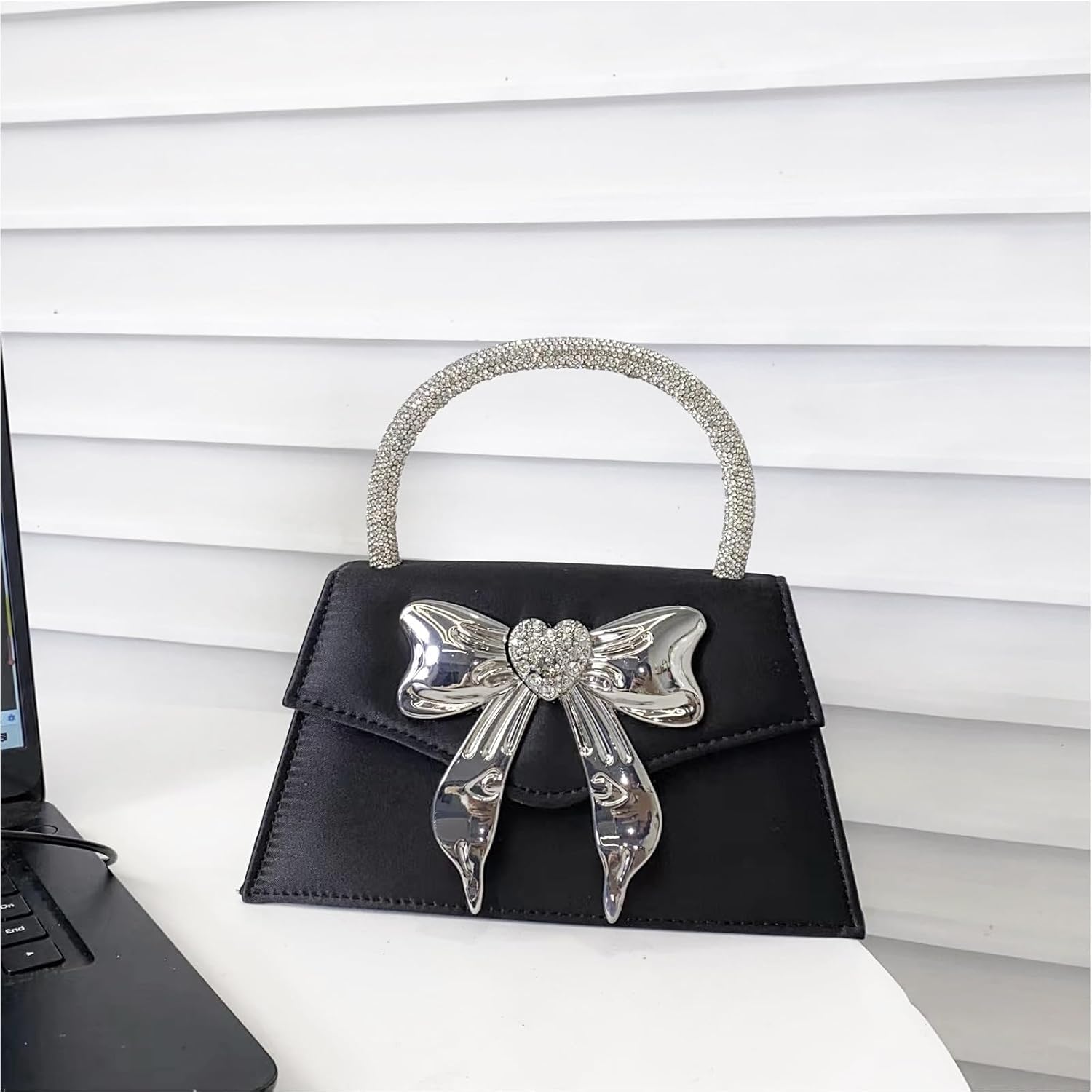 Clutch Purses for Women, Bow Evening Bag, Rhinestone Handle Tote Bag, Crossbody Bags for Wedding, Prom, Parties, Travel(Black)