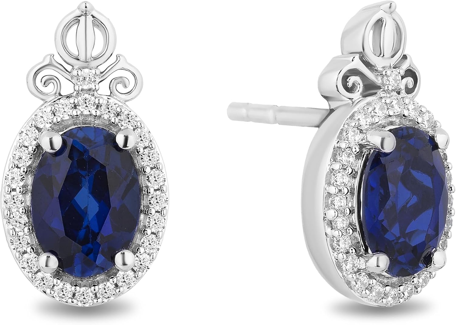 Jewelili Enchanted Disney Fine Jewelry Sterling Silver with 1/6 CTTW Diamond and Created Blue Sapphire Cinderella Stud Earrings
