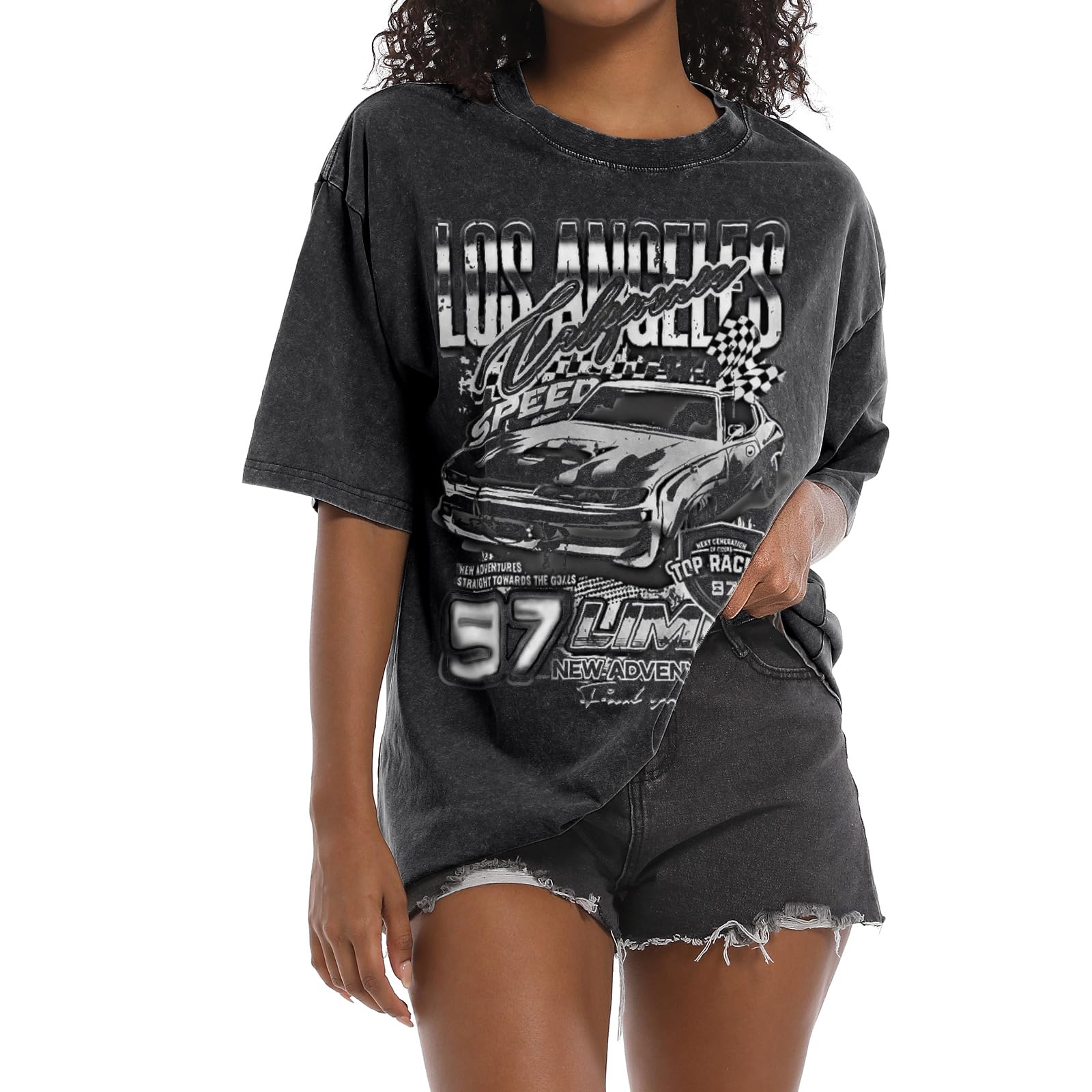 Pairxily Oversized Graphic Tees for Women Baggy Streetwear Preppy Shirts for Teens Race Car Checkered Flag Drop Shoulder Top