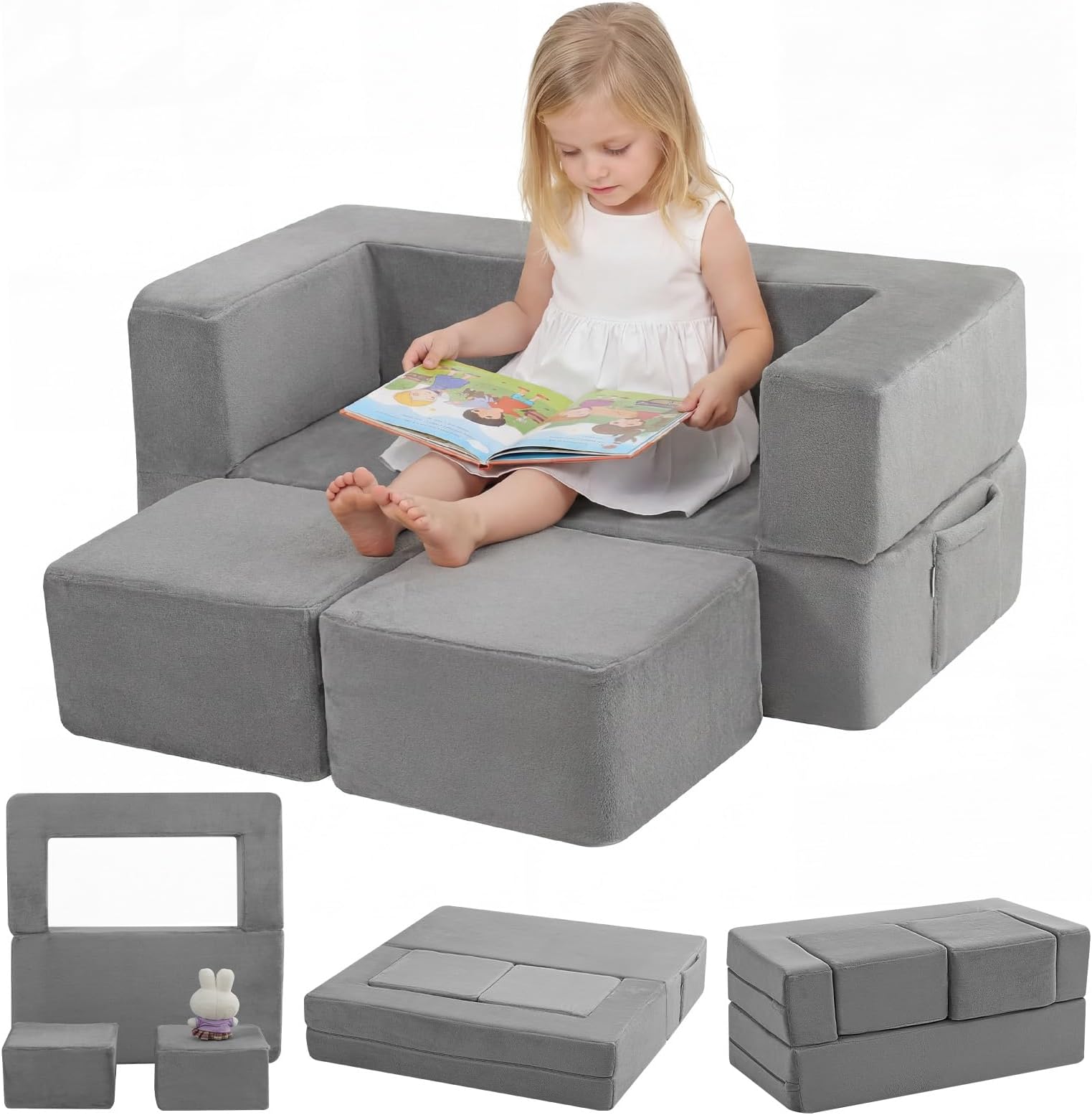 Kids Play Couch Sofa – Grey Modular Convertible Foam Couch Soft Fold-Out Toddler Seating for Creative Play, Reading, Resting & Playroom Fun
