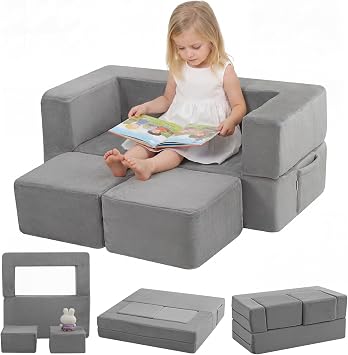 MeMoreCool Modular Kids Play Couch, Fold Out Foam Loveseat Sofa, Grey