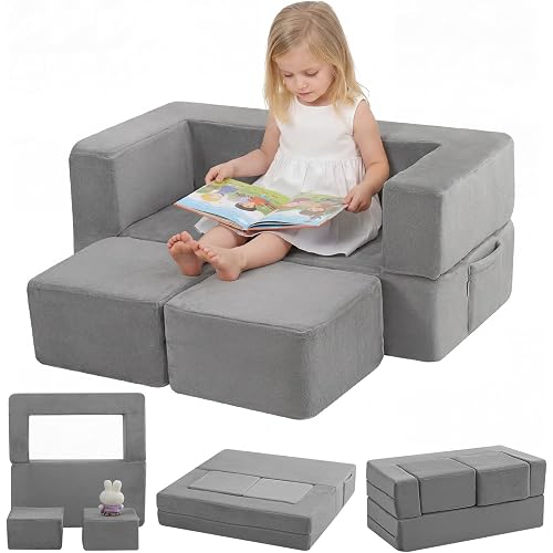 MeMoreCool Kids Play Couch Sofa – Grey Modular Convertible Foam Couch Soft Fold-Out Toddler Seating for Creative Play, Reading, Resting & Playroom Fun
