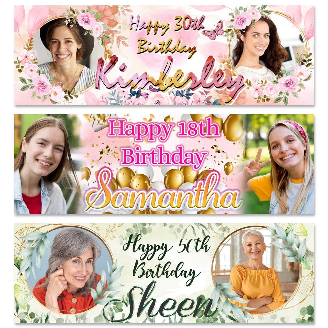 Personalised birthday banner Photo 2ftx6ft Balloon Flower Stars Pink Gold Green Woman Girl Children Party Celebration Decoration Poster Gift 18th 21st 30th 40th 50th 60th 70th