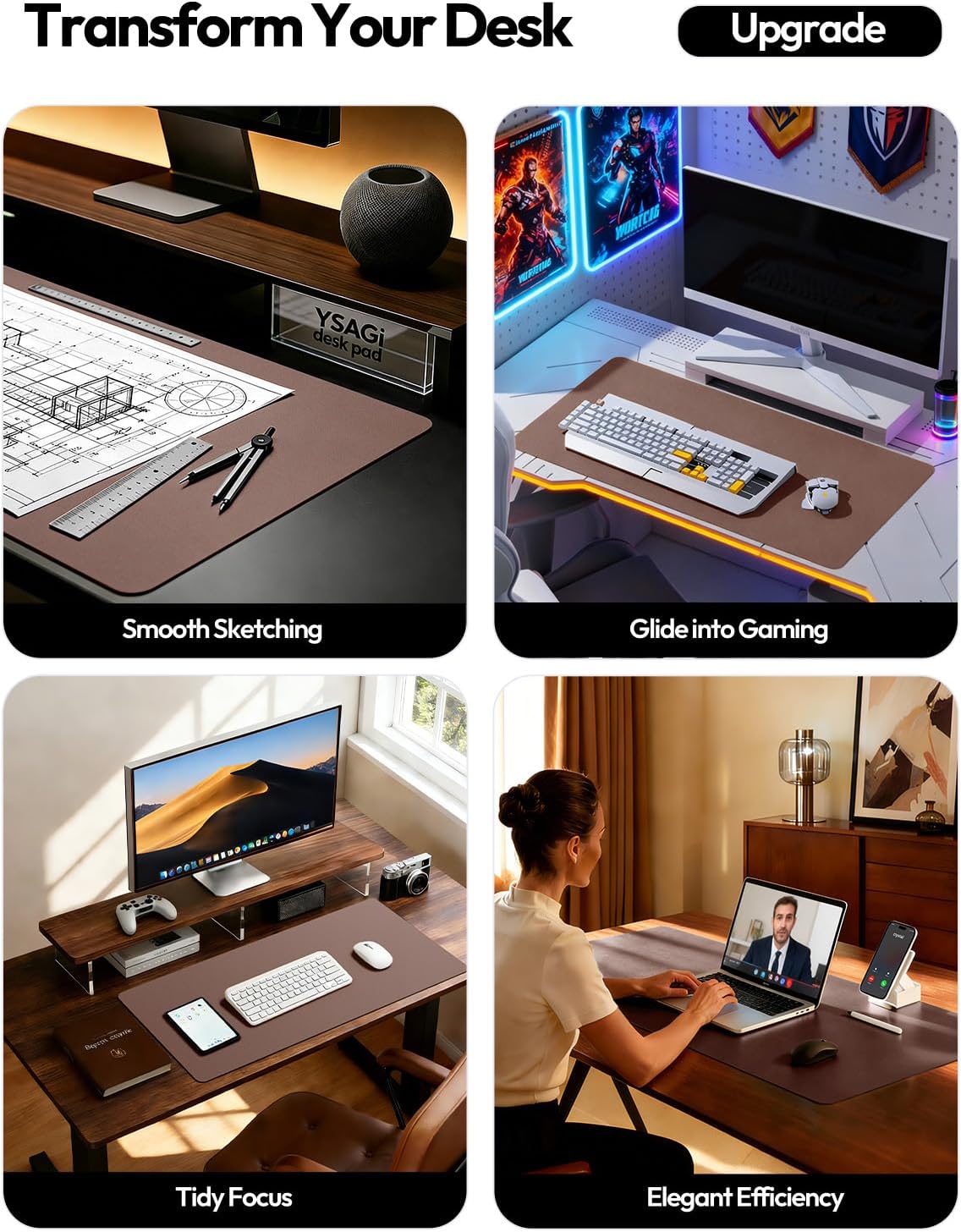 YSAGi Leather Desk Protector, Office Mat, Large Mouse Mat, Non-Slip PU Leather Blotter, Laptop Pad, Waterproof Writing Pad for Office and Home (Chocolate, 31.5" x 15.8") - Image 2