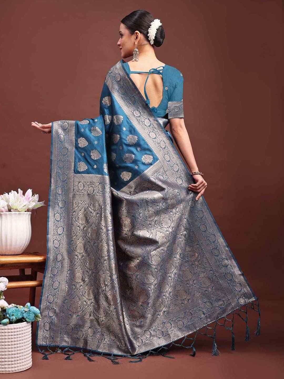 Shiv Textiles Women's Banrasi Silk Woven Saree(AUS-ASBNS1001-TEAL) 3