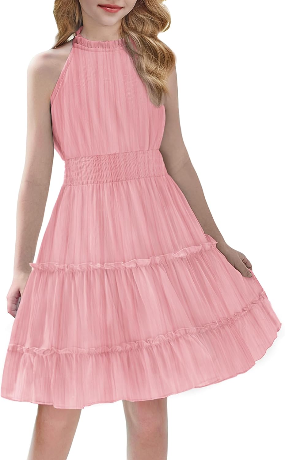 Arshiner Girls Halter Neck Sleeveless Dress Casual Flowy Smocked Cute Summer Dress for 5-12 Years