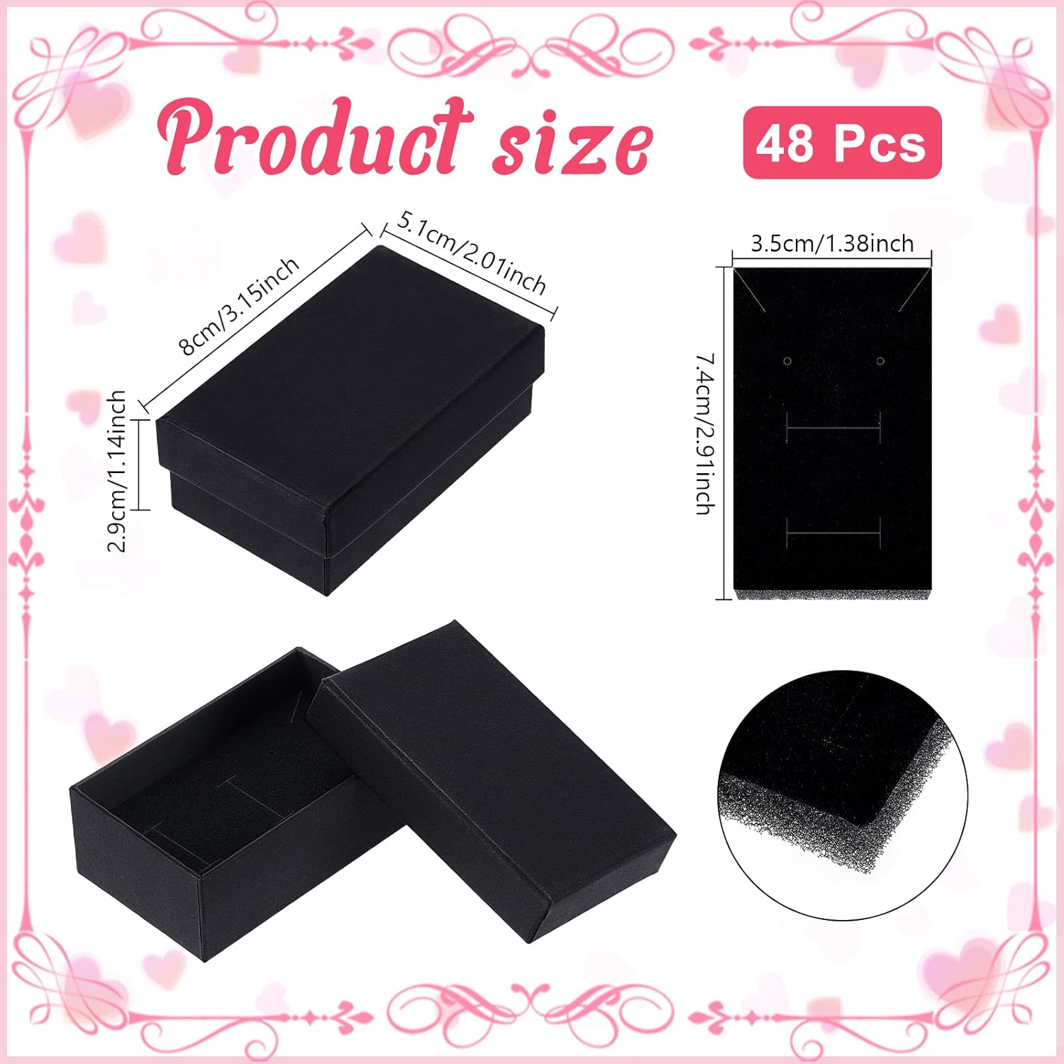 48Pcs Black Jewelry Gift Boxes, 3.1x2x1.2 Inch Rectangle Cardboard Jewelry Boxes Bulk with Lid and Sponge Lining, Small Necklace Packaging Box for Ring Earring Bracelet Display Box
