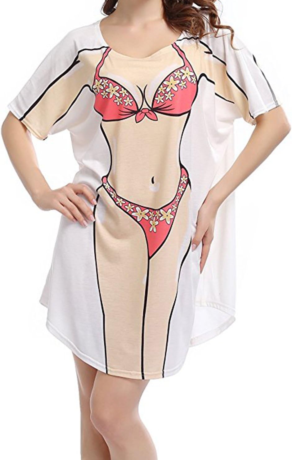 Womens Funny Design Bikini Print Fun Wear Sleepwear Cover Up T-Shirt Dress (Pink)