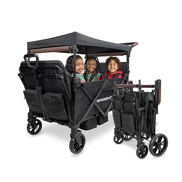 WONDERFOLD X4R Rev Stroller Wagon 4 Seater - Collapsible Stroller Wagon with 5-Point Seatbelt Harnesses, Reclining Seats & Footwells, Black