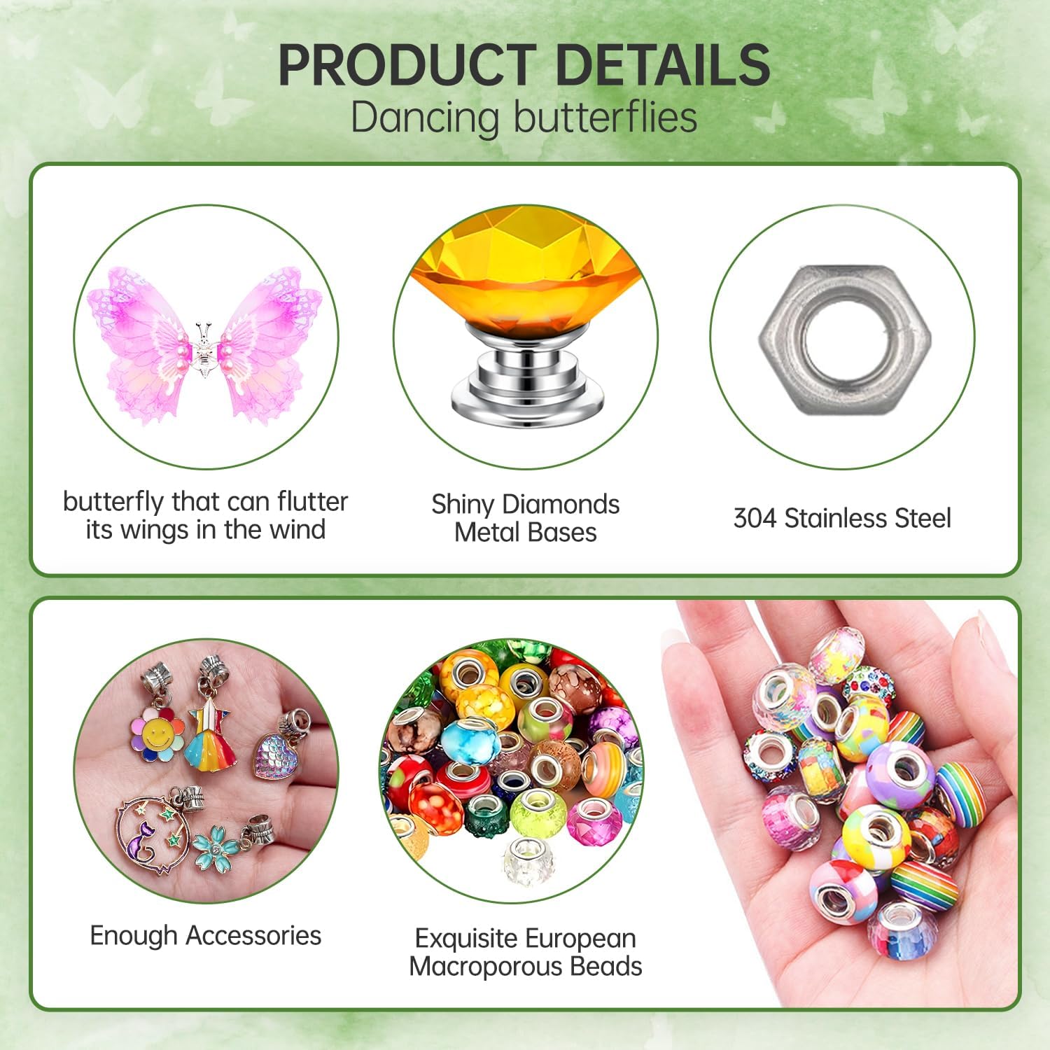 KUKKUME 252PCS DIY Fairy Wand Kit Garden Bead Stakes with 8 Diamond Stopper Tops 200 Colorful Beads 20 Pendants 8 Dancing Butterfly for Indoor Outdoor Plant Flower Pot Décor