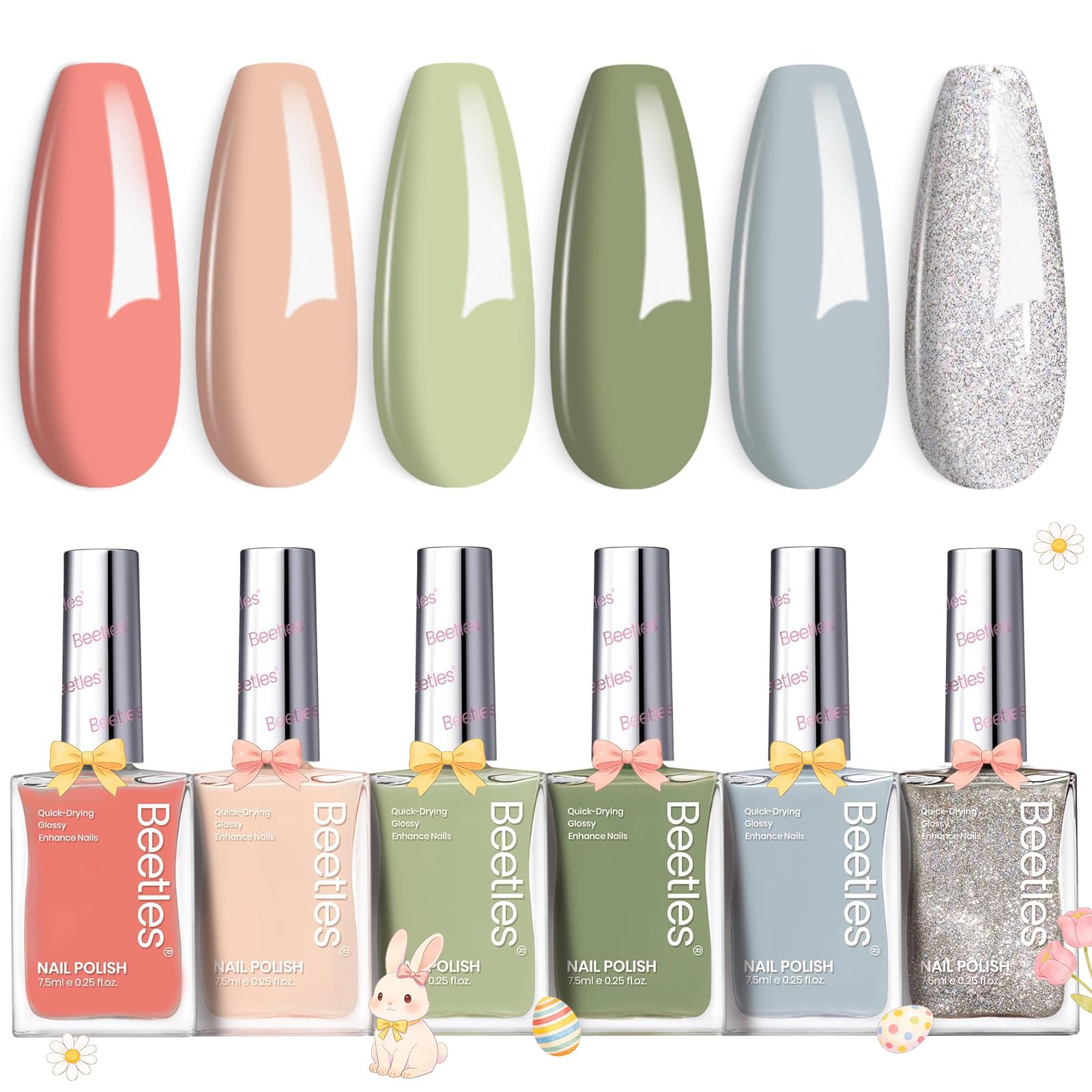 Beetles Nail Polish Set P176, 6 Colors Glitter Green Nude Natrual Pink Nail Lacquer Fast Drying & Long Lasting Finger Fall Nail Polish Glitter Effect