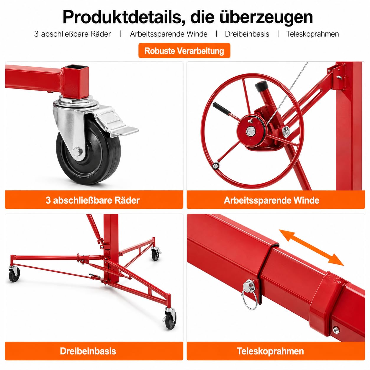 Gipskartonheber Teleskop, Plattenheber höhenverstellbar 140-350cm, 60° neigbar, bis 68kg/150lbs, 3 Lenkrollen, Deckenlift für Trockenbau, Rot