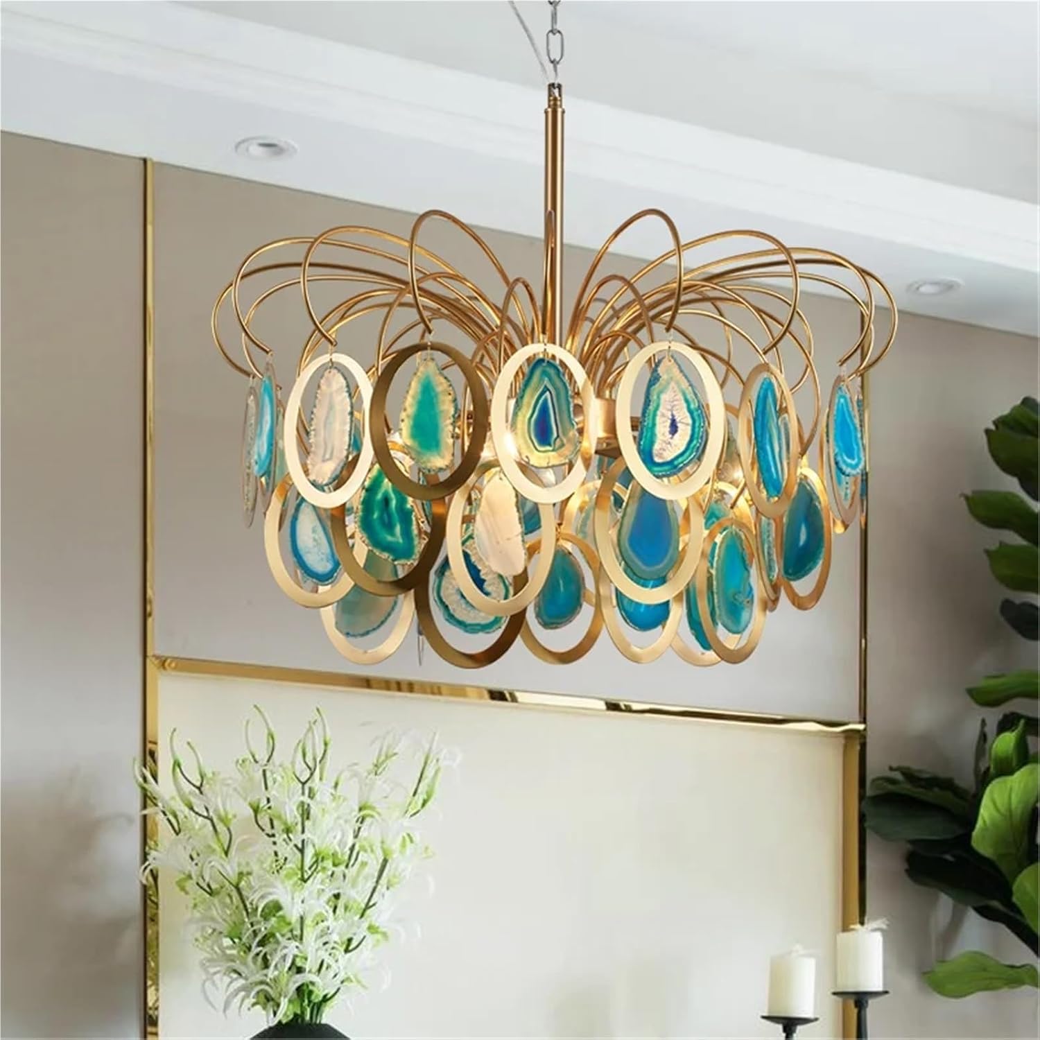 Nordic Chandelier Foyer LED Living Room Bedroom Gold Luxury Pendant Slice Agate Chandelier Metal Loft Deco Hotel Lamp,Full of Fashion(White Light)