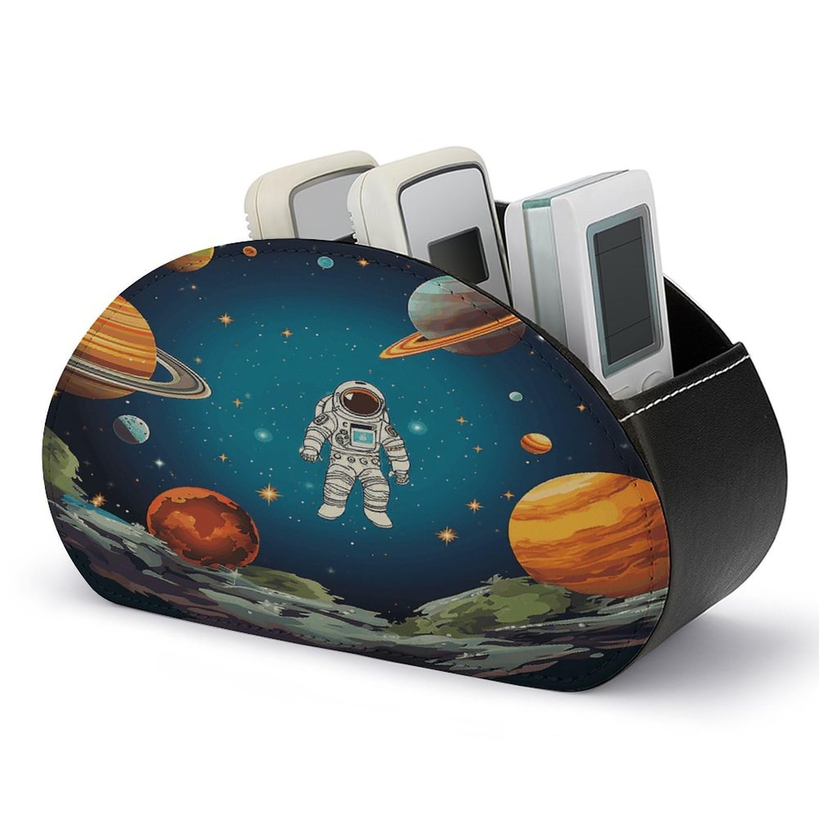 VstaDank Outer Space Rocket Astronaut Remote Control Holder with 5 Compartments Pu Leather TV Remote Caddy Storage Box Desktop Organizer Store Controller DVD Brush Pens Glasses&Office Supplies