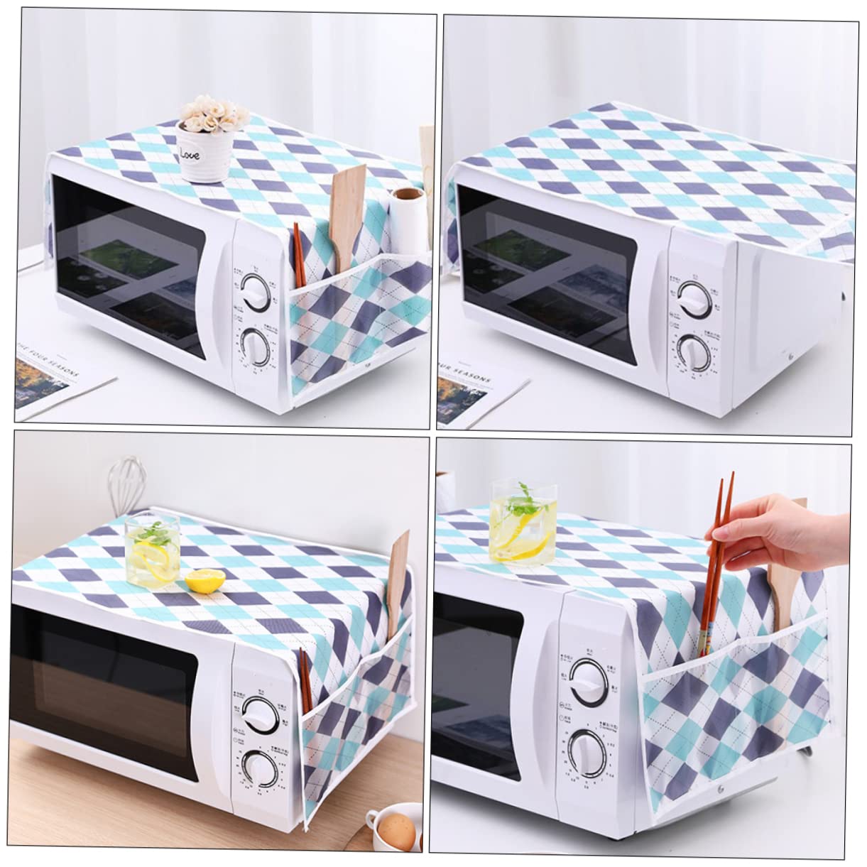 FUNOMOCYA 2pcs Microwave Oven Cover Towel Random Pattern Decorative Protector for Kitchen Stylish Design Side Storage Pockets Reduces Dampness for Use