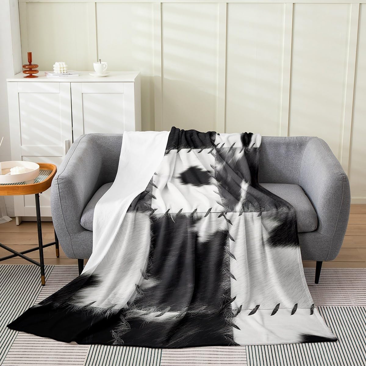 (Not Real) Cowhide Throw Blanket Throw Size, Patchwork Cow Fur Print Sherpa Blanket for Bed Sofa Couch, Farm Animal Soft Warm Fleece Blanket, Western Cowboy Farmhouse Flannel Blanket, Grey White