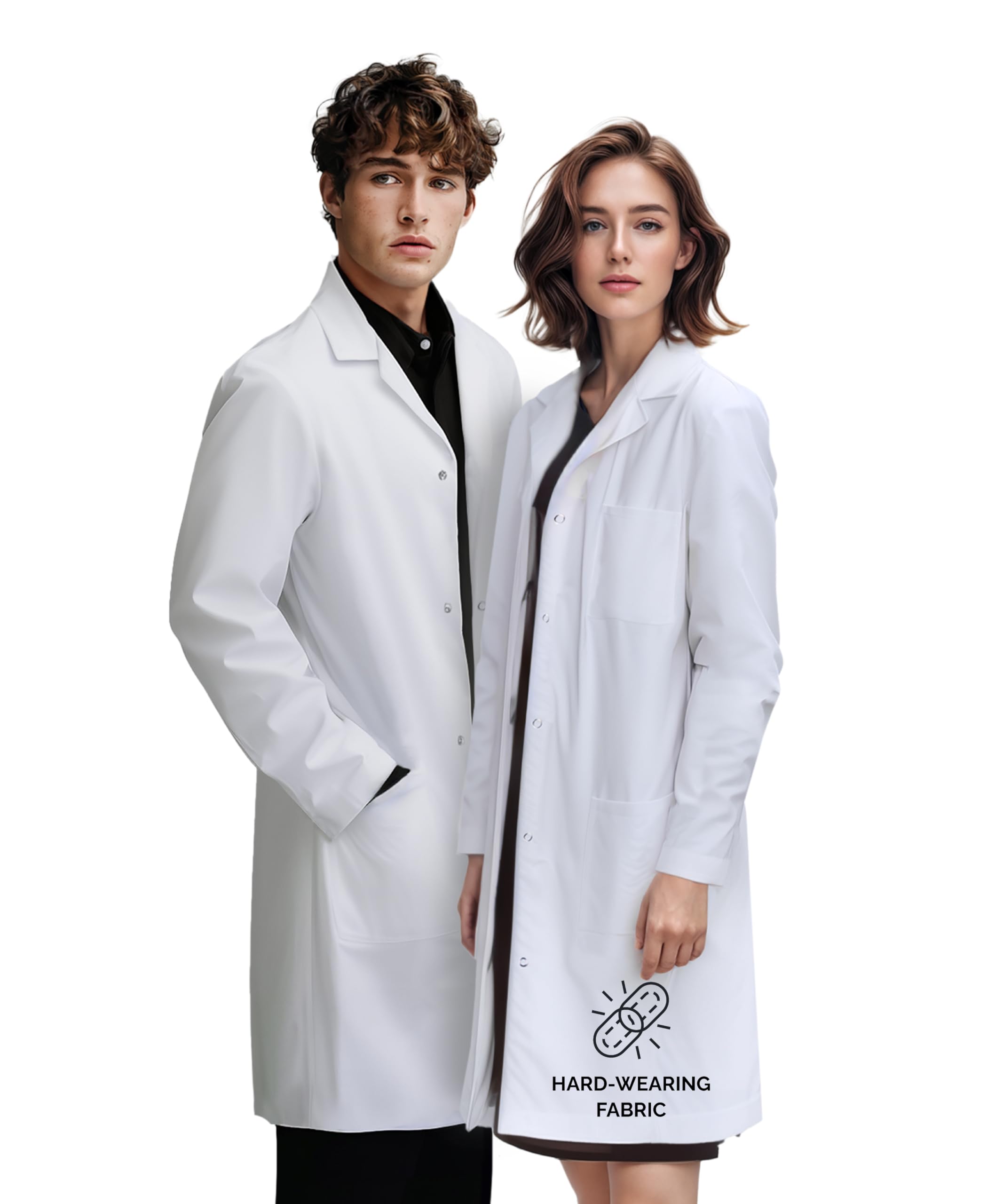 Unisex medyczny fartuch laboratoryjny dla mężczyzn i kobiet, kieszenie na biodrach i klatce piersiowej, klasyczny krój, zapięcie na zatrzask, długość 100 cm