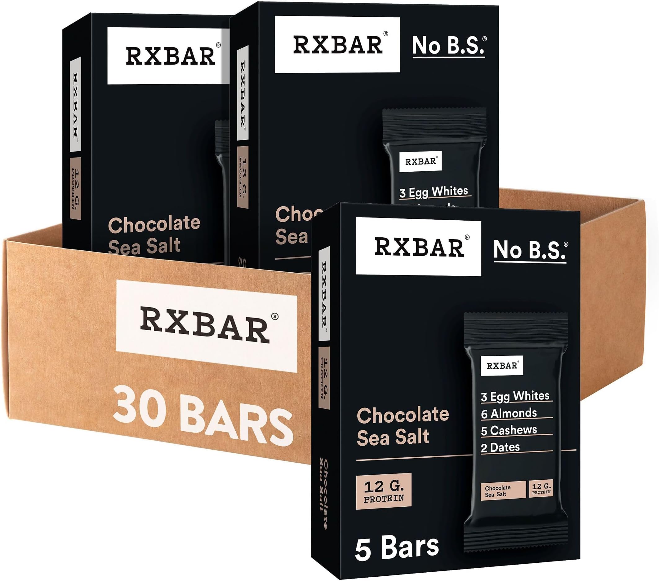 Protein Bars, 12g Protein, Gluten Free Snacks, Chocolate Sea Salt (6 Boxes, 30 Bars)