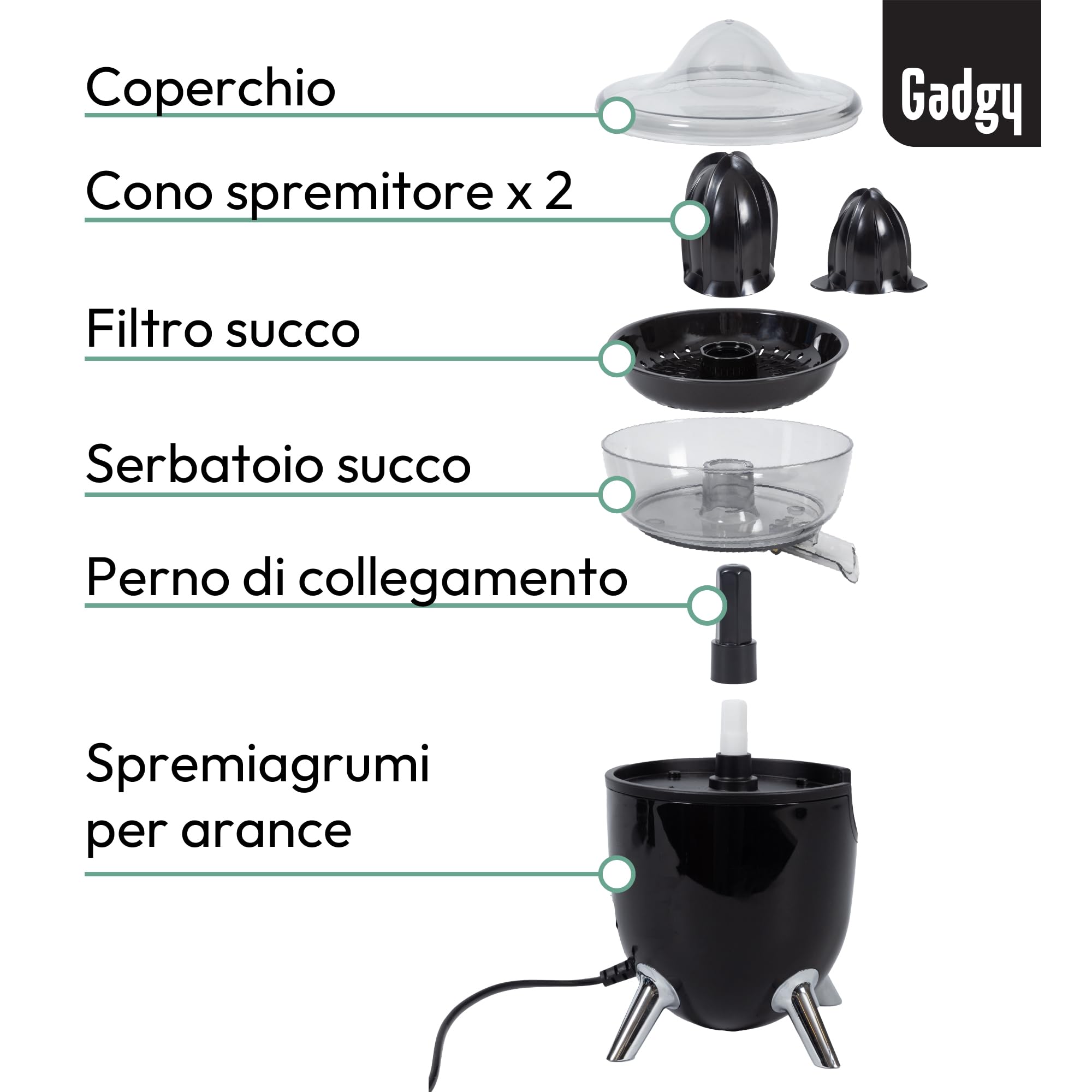 Gadgy Spremiagrumi Elettrico 100W – Estrattore di Succo Compatto con Beccuccio Antigoccia, Coperchio Antipolvere e Piedini Antiscivolo - Succhi Freschi di Arancia, Limone e Lime | Per Arance Limoni Lime e Pompelmi con Piedini Antiscivolo e Coperchio Antip